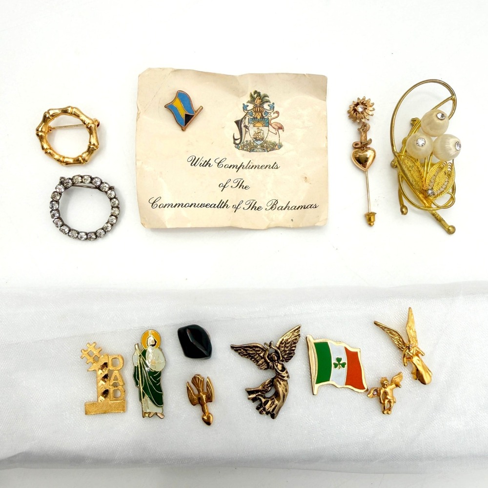 Vintage Pin Brooch Lot of 13 Bahamas Flag St Jude Angel Irish Flag Religious